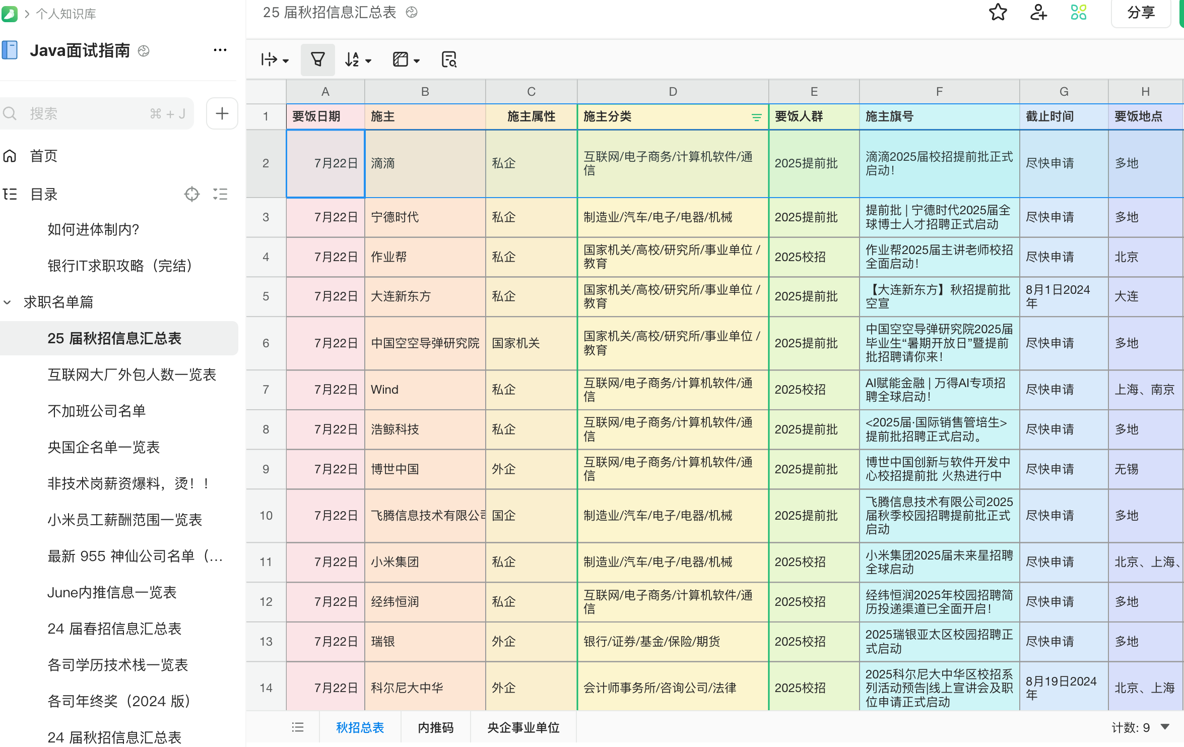 秋招投递名单