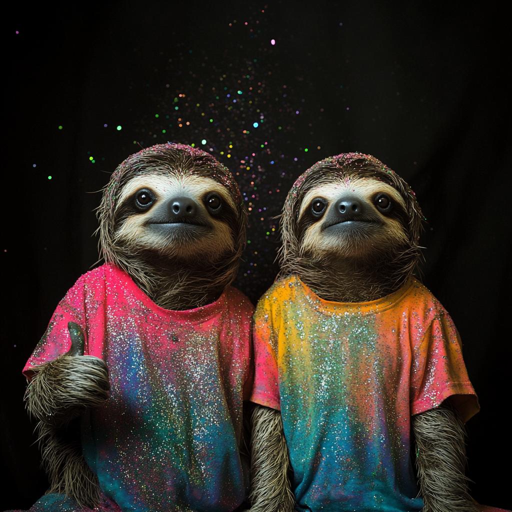 Two sloths wearing tie-die shirts