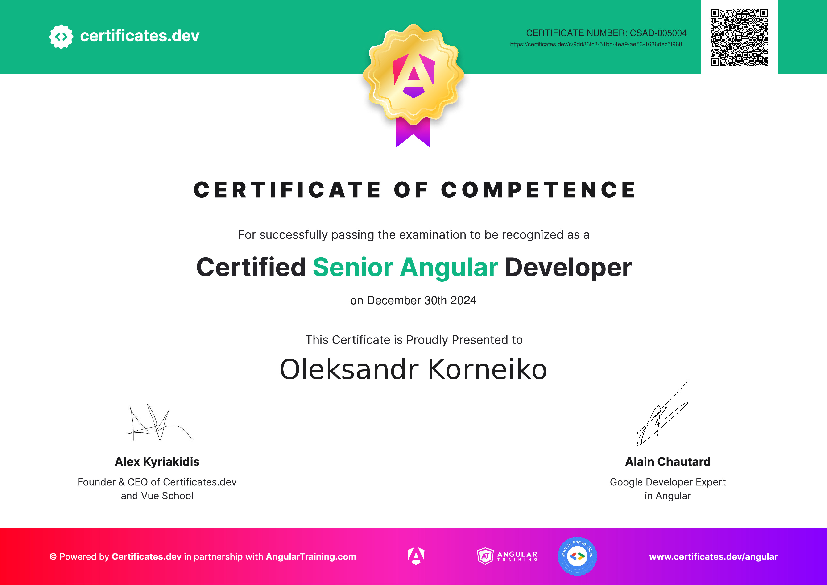 angular middle developer certificate