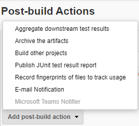 Post-build dropdown with Microsoft Teams Notifier Webhooks selected