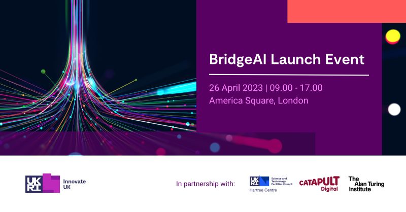 Alt: Image of the Bridge AI Launch event invitation with black and fibreoptique cables and a text describing Bridge AI Launch event on the 26th April, from 9am to 17:00