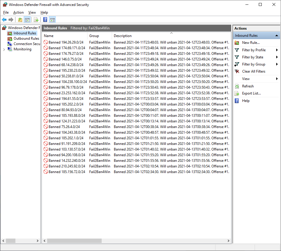 Windows Firewall with Advanced Security filtering by Fail2Ban4Win rules