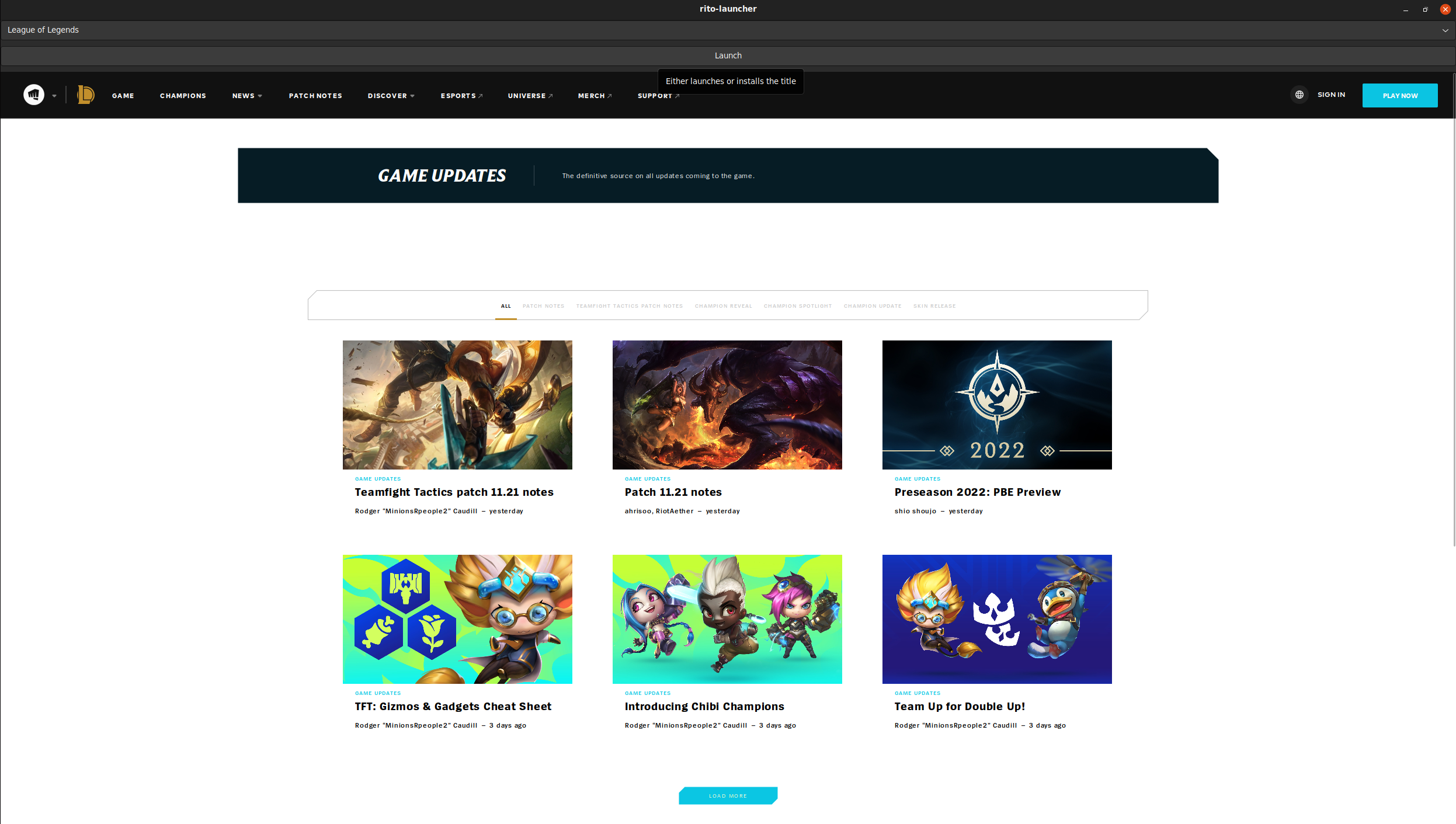 Image of the Launcher, with League of Legends installed