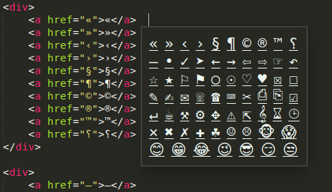 The Unicode Characters popup window