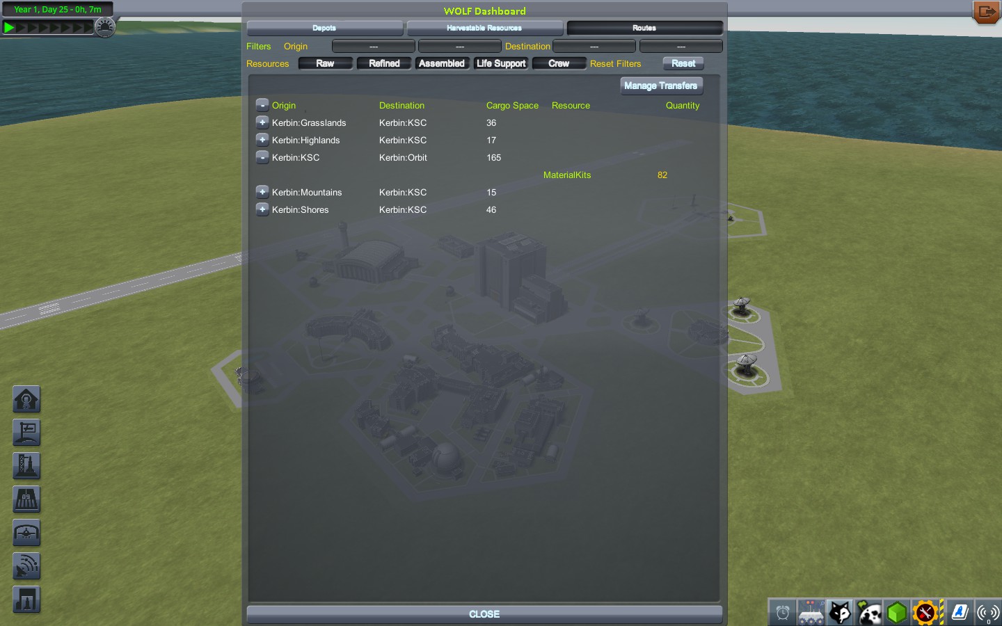 WOLF Routes Dashboard showing transfer of 82 availability of Material Kits to orbit