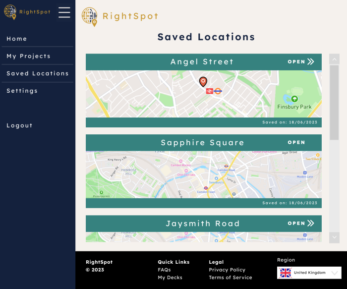 Saved locations page