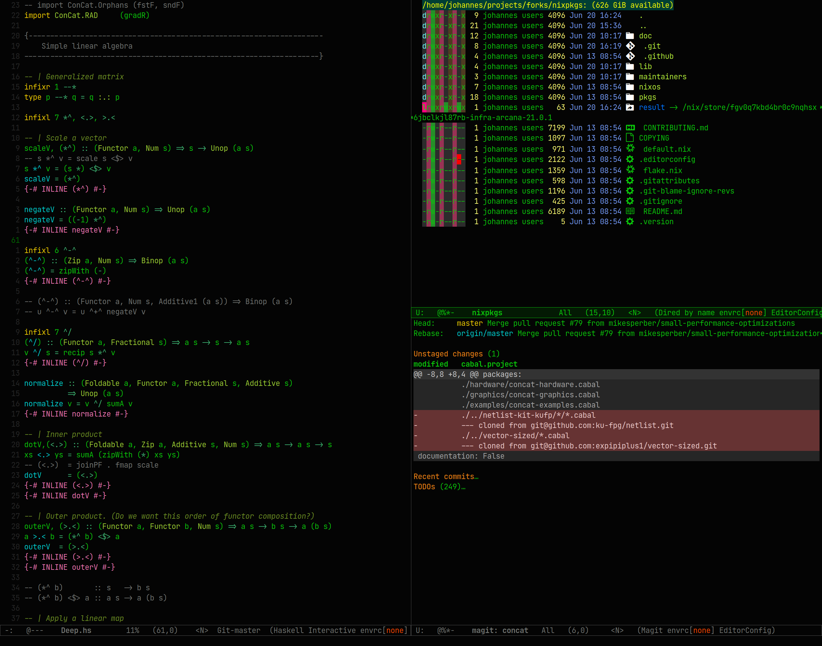 A screenshot of the naga theme, showing Haskell code, diredfl, and a magit status buffer