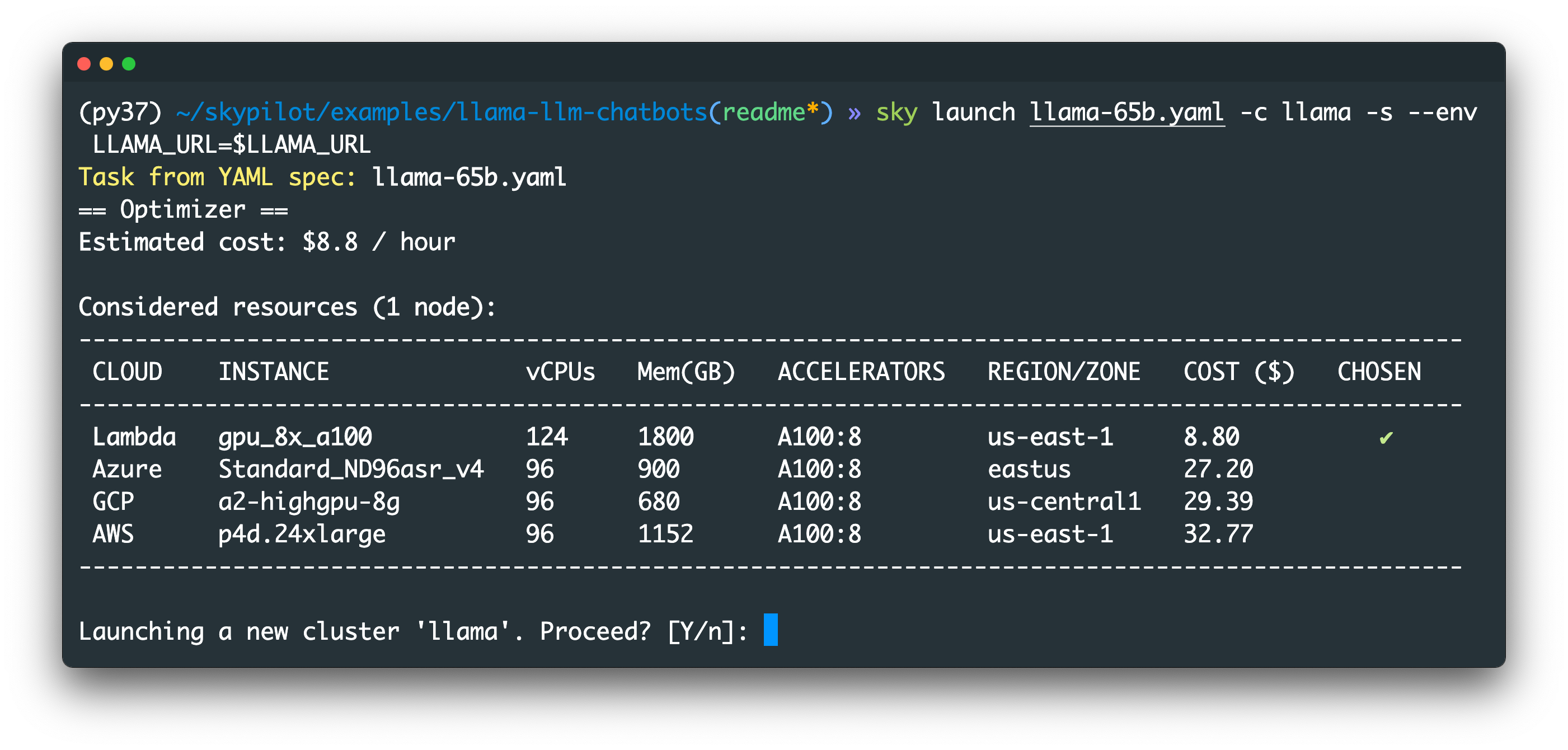 `sky launch` output showing 8x A100 GPUs on different clouds