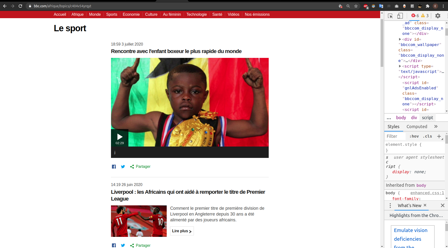 First and Second publications on BBC Africa Sport inspecting in Google Chrome