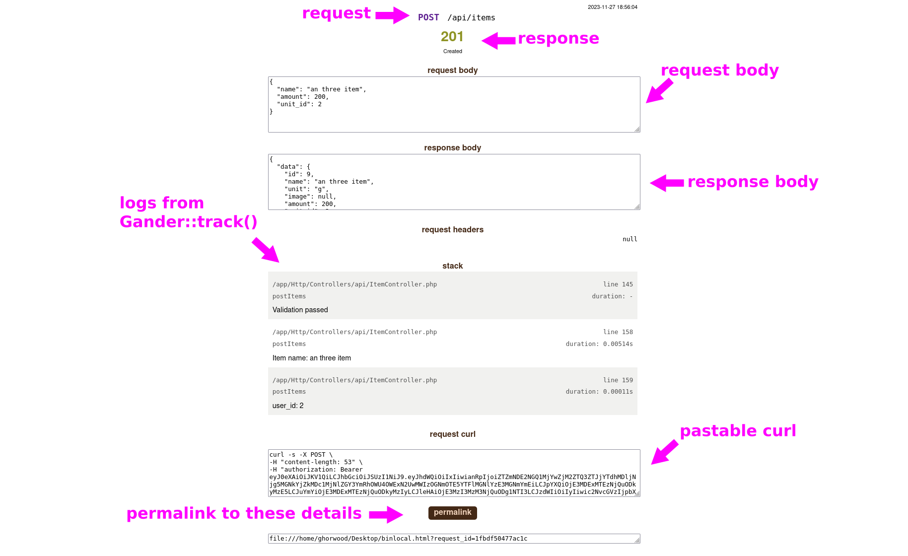 Gander logs details page