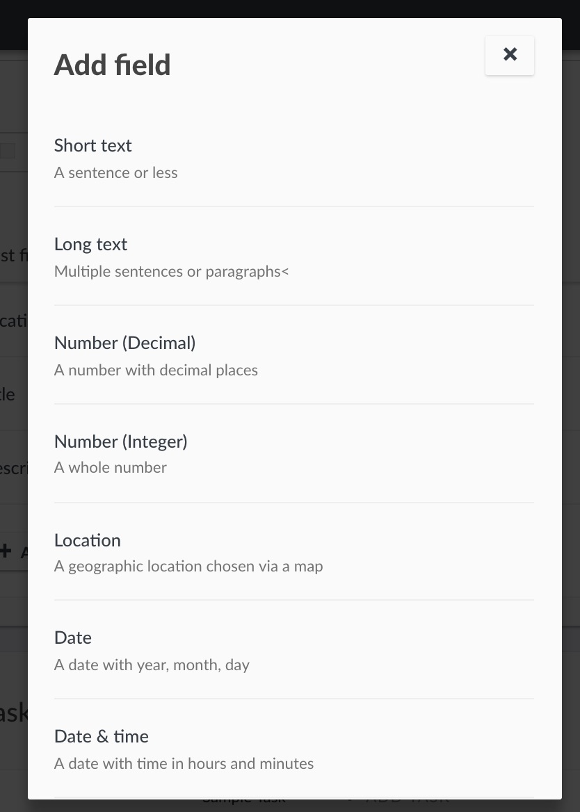 "Add field" modal.