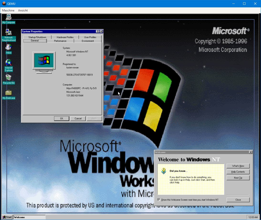The MIPS port of Windows NT 4.0 Workstation running on QEMU. (Nicolas Lucien)