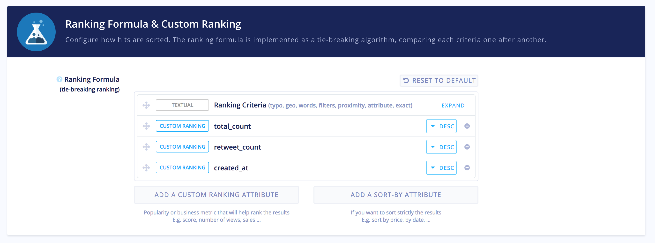 Algolia dashboard relevance