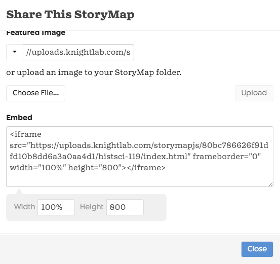 Image of "share" menu in StoryMaps, which includes code that you can copy and paste into your index.html file