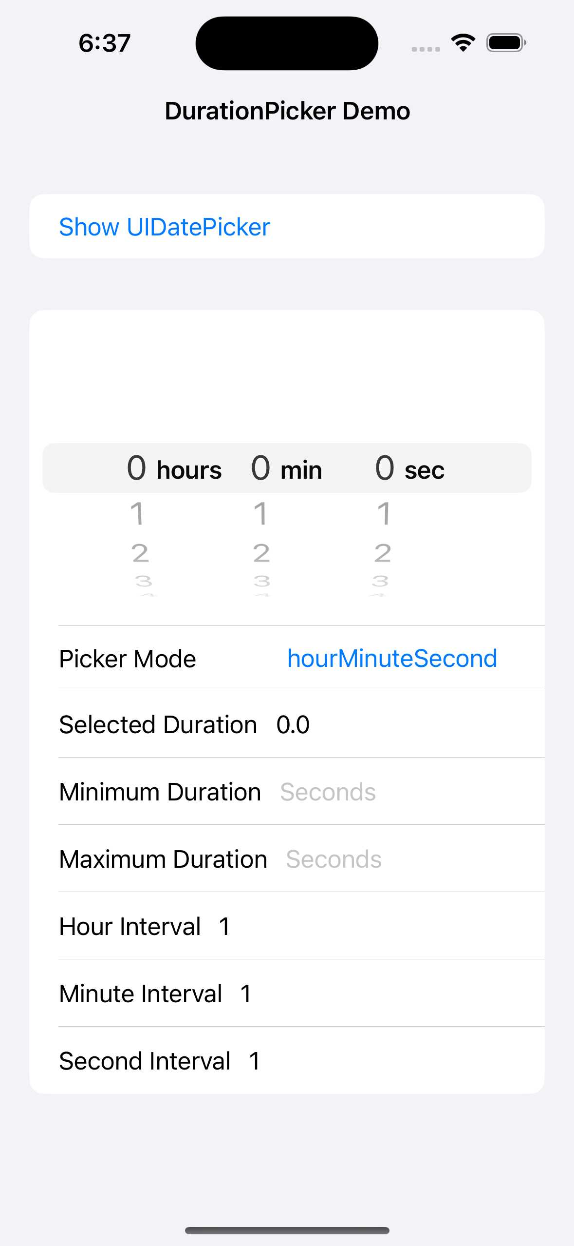 A screenshot of the demo project for DurationPicker.