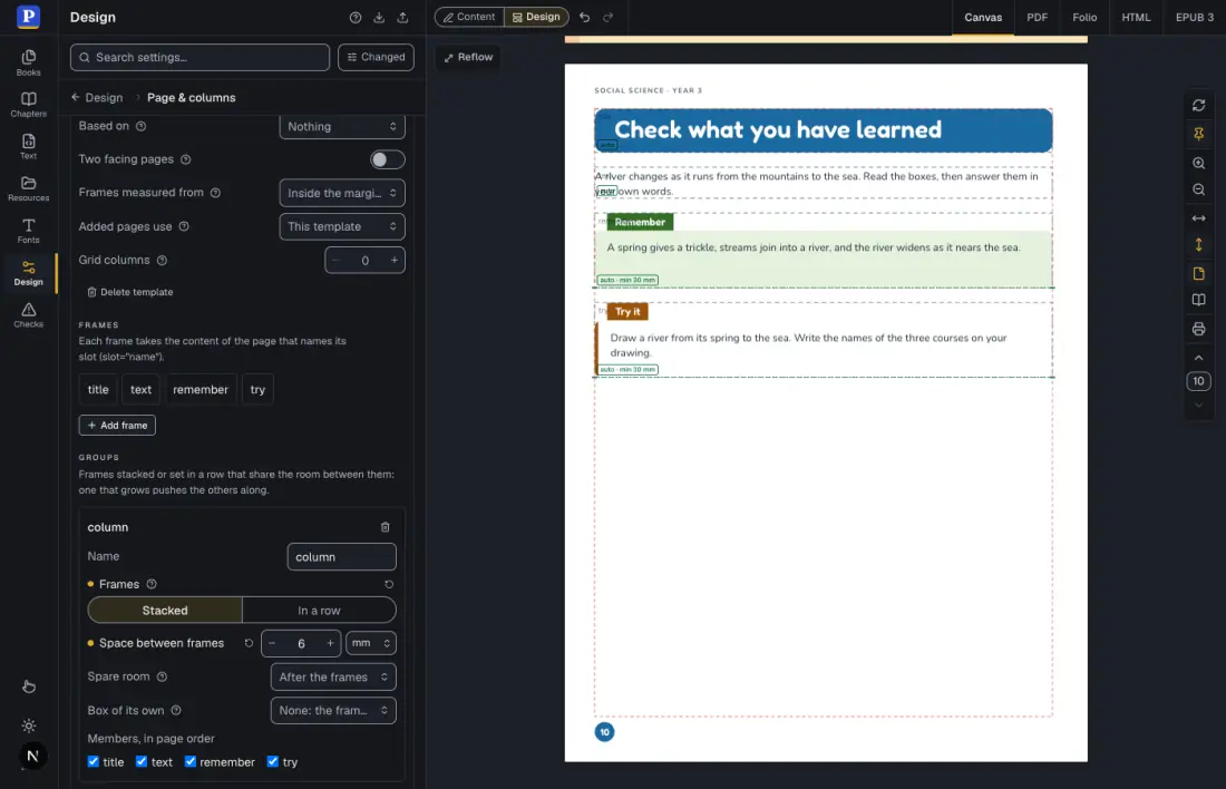 The Design panel open at Page templates, showing the Review page template: its four frames and its group, and the same frames drawn with dashed outlines on the page.