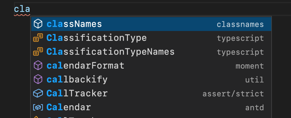 A completion list containing clean paths with no intermediate 'node_modules'. For example, the label for 'calendarFormat' is 'moment' instead of 'node_modules/moment/moment'.