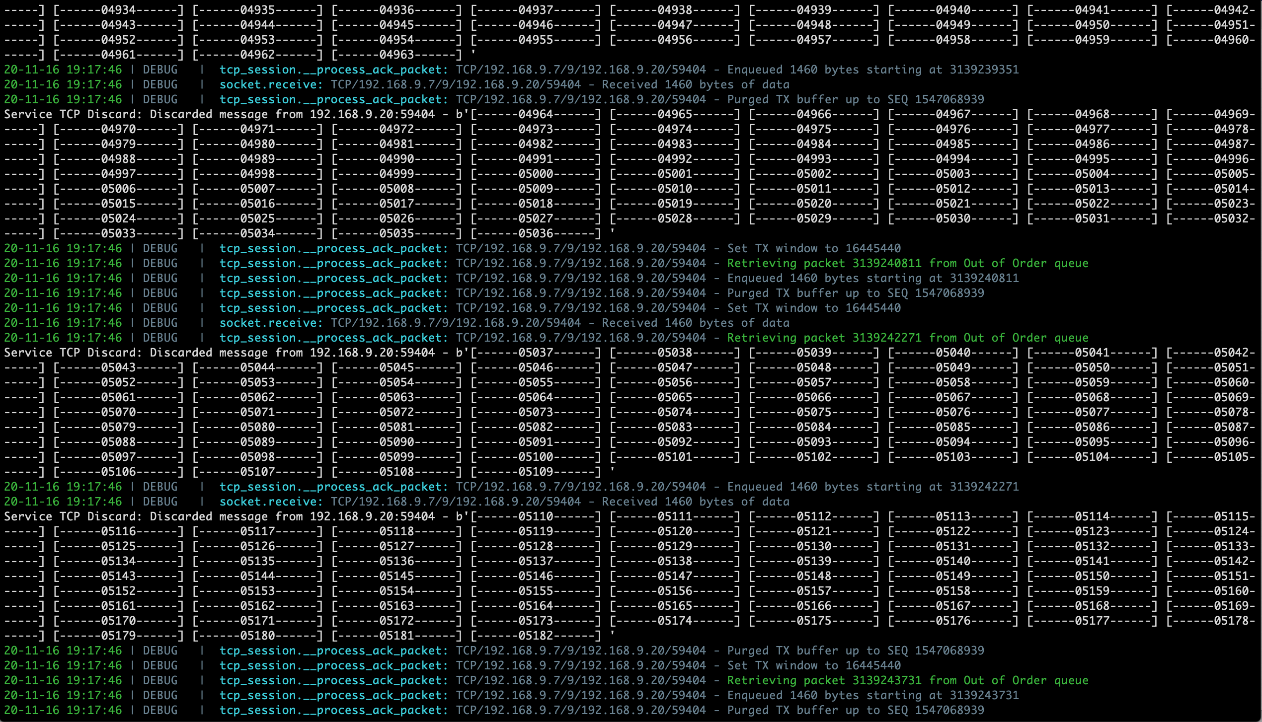 Sample PyTCP log output