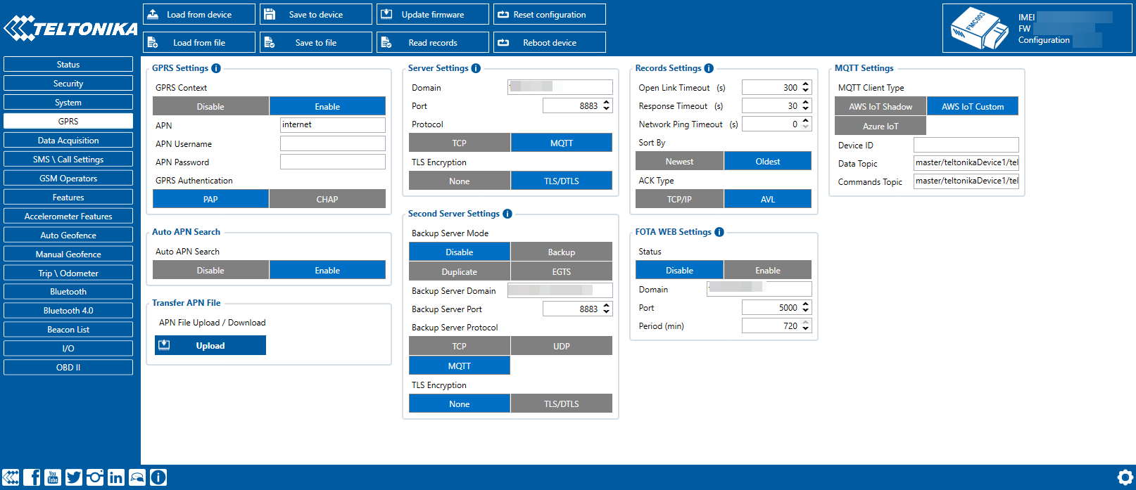 Teltonika GPRS Configuration page