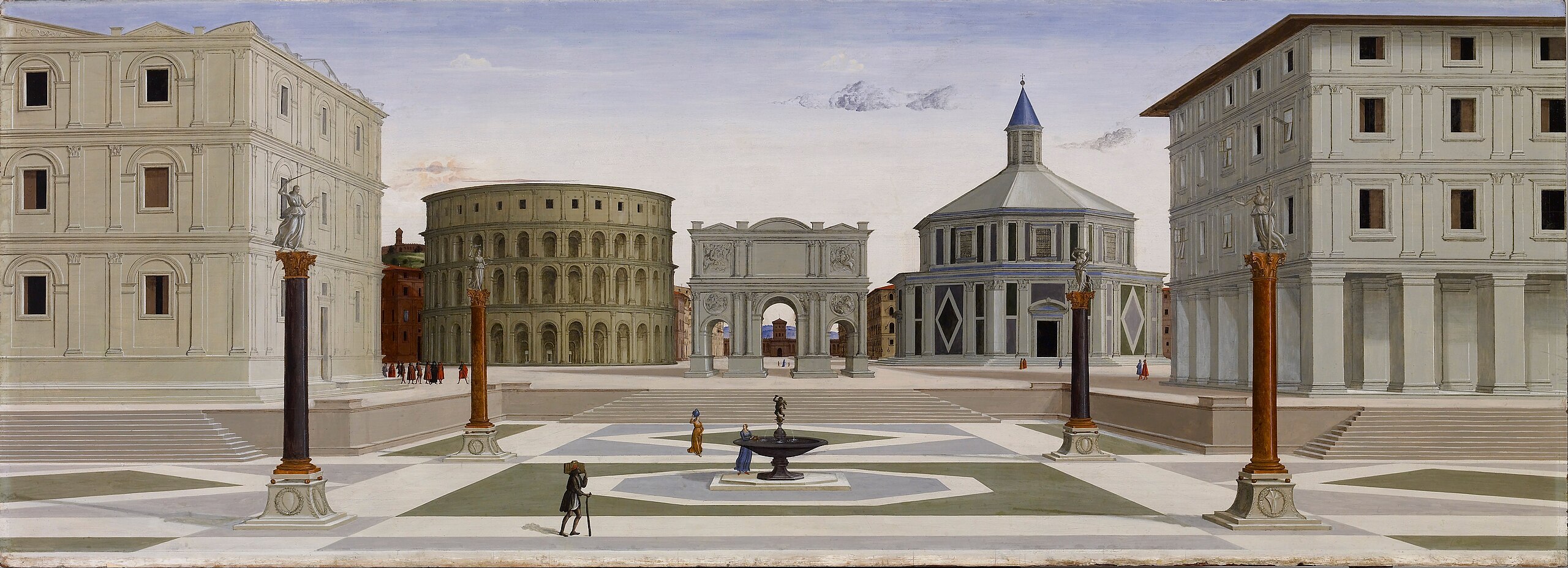 Giuliano da Sangallo (atribuição), Cidade ideal, c. 1480–84, dita Tábua de Baltimore. Walters Art Museum