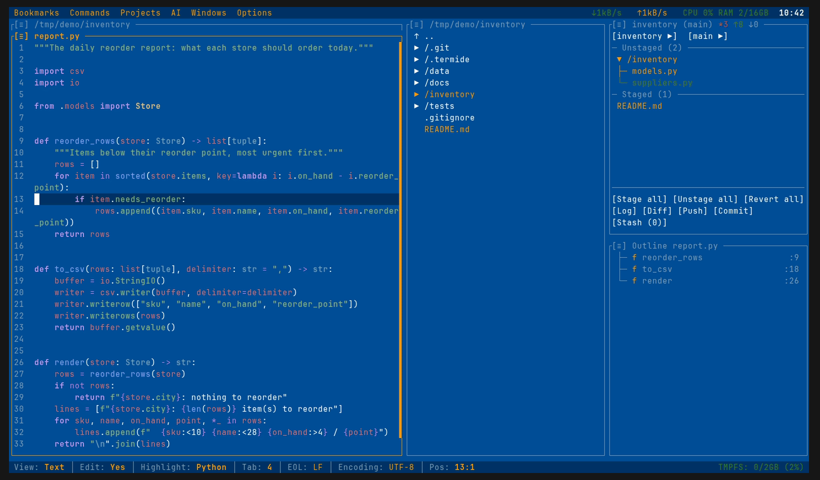 TermIDE &mdash; editor, file manager, terminal and viewers in one TUI