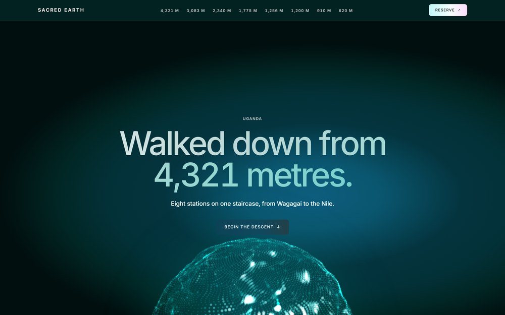 Sacred Earth — the Descent: walked down from 4,321 metres, over a canvas point-cloud of Uganda