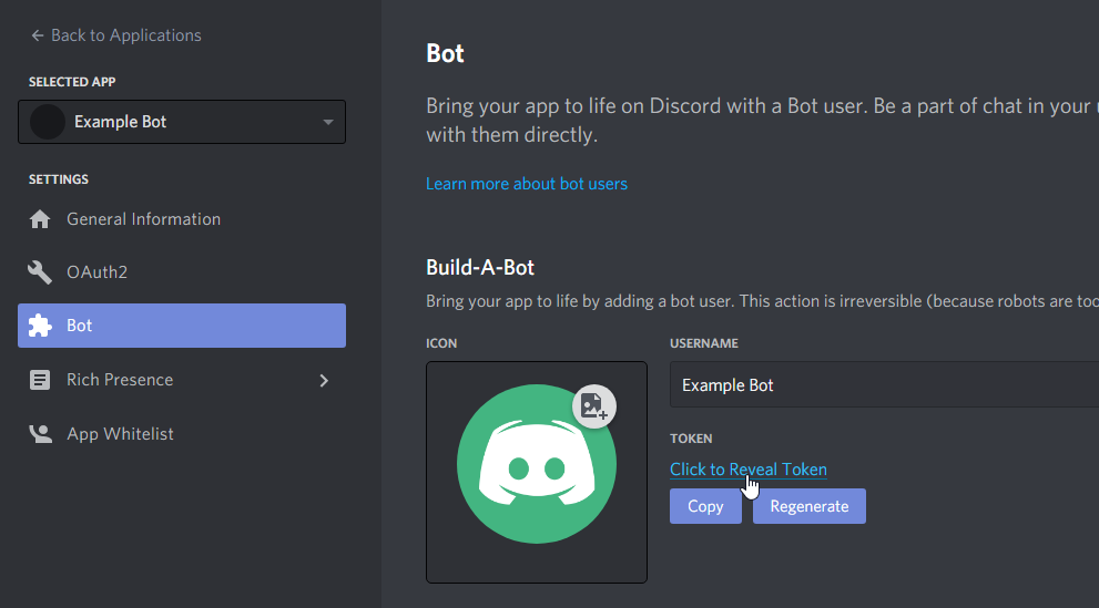 token from discord dev portal