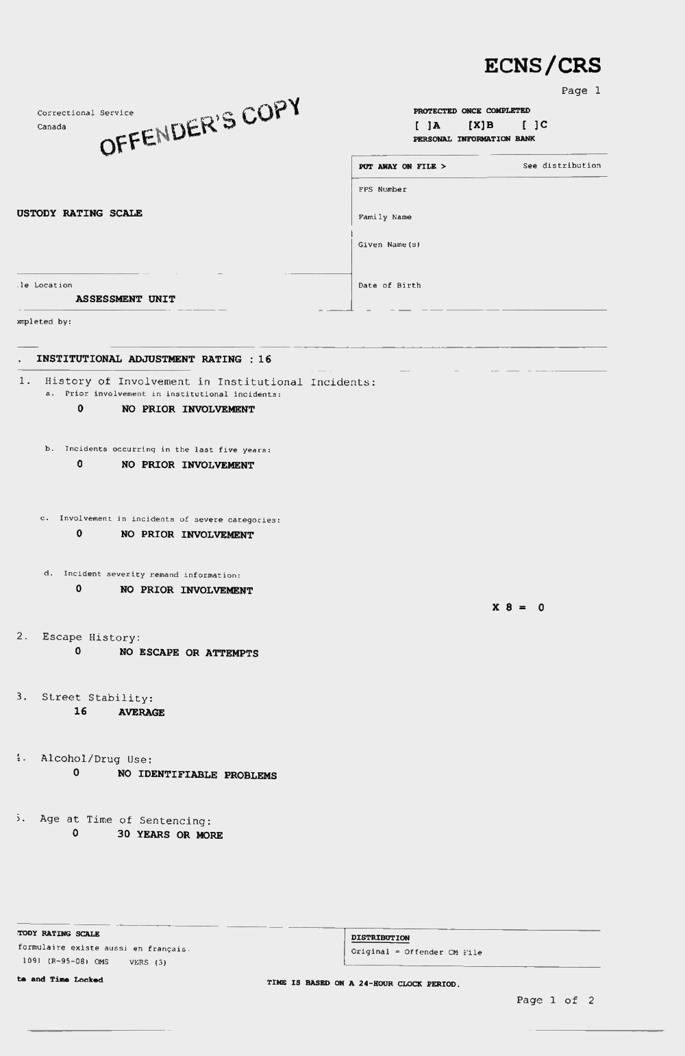 The first page of an anonymous prisoner’s Custody Rating Scale form