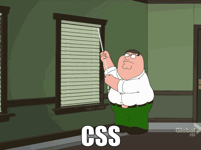 image of a cartoon character trying to adjust a window shade over and over, eventually destroying it, labeled "CSS"