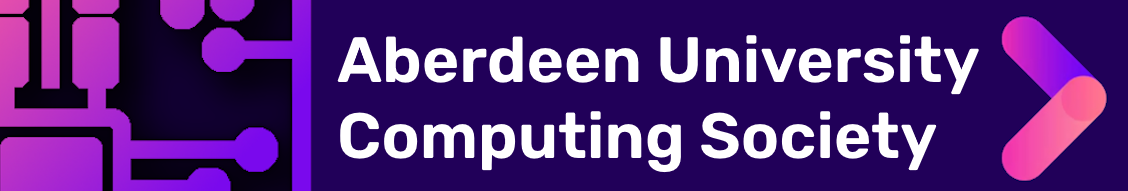 Promotional banner for the society, with text reading 'Aberdeen University Computing Society, on a purple background