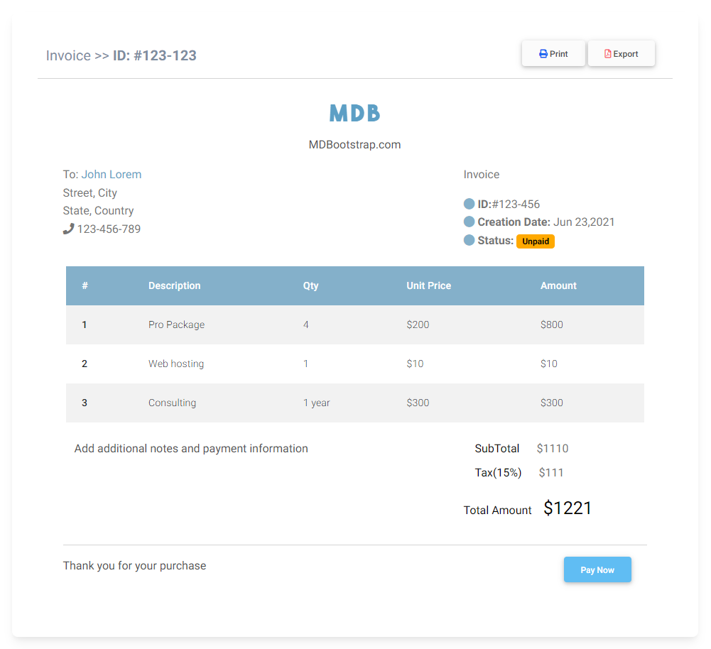 GitHub - mdbootstrap/bootstrap-invoice: Invoices Templates built with Bootstrap 5. Various examples like Simple invoice, company invoice, invoice with images and many more.