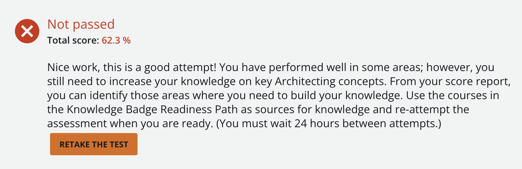 Solutions Architect Knowledge Badge Assessment results