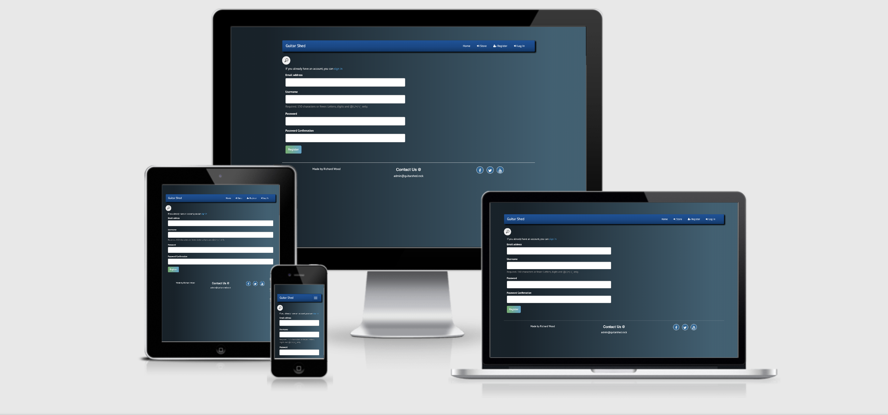 Guitar Shed register page on all major screen sizes