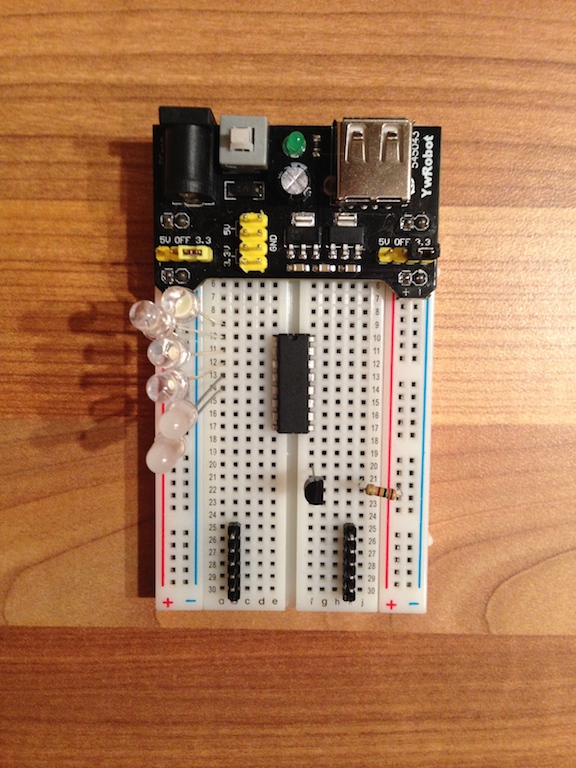 Breadboard, BeeWi Bluetooth pins, Shift register, LEDs, Transistor, Resistor