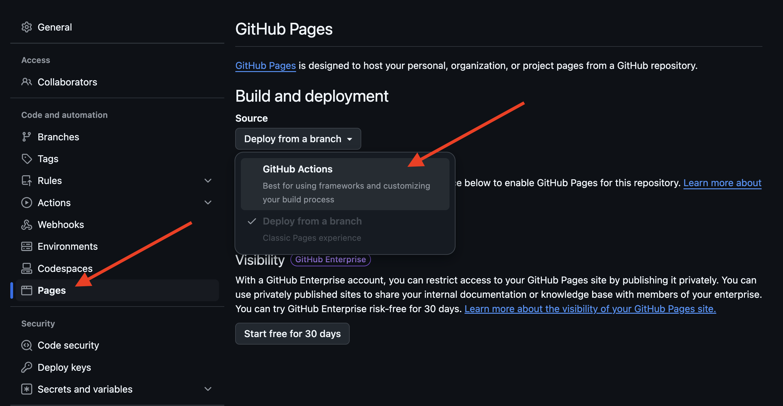 screenshot of github pages settings