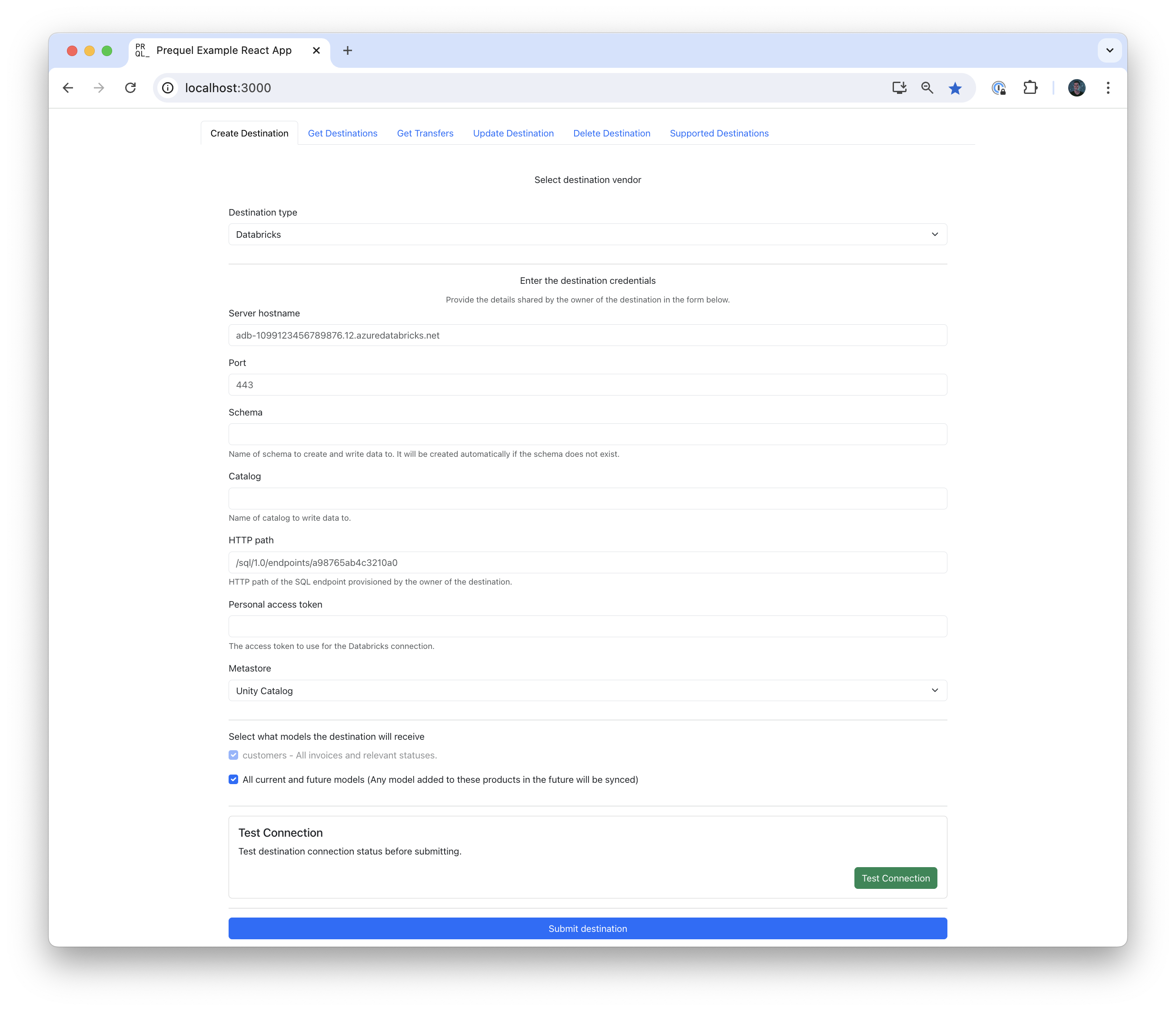 Example "Connect Destination" form, unstyled