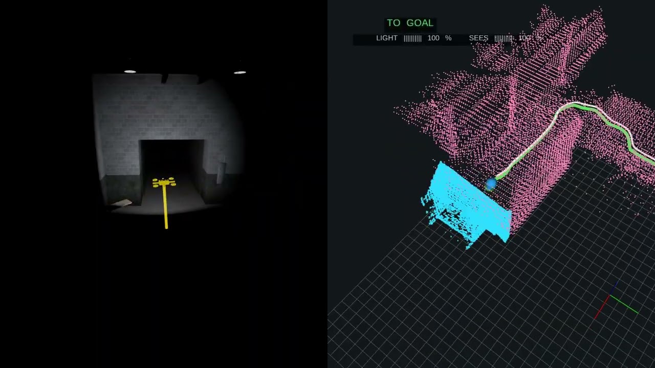 Autonomous drone in a dark building, lit by its own light: 420 m, no GNSS, no lidar, no map