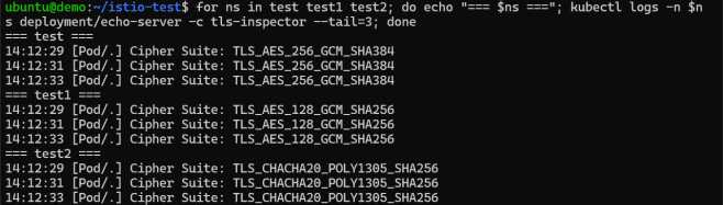 example log output of granular encryption settings for each workload