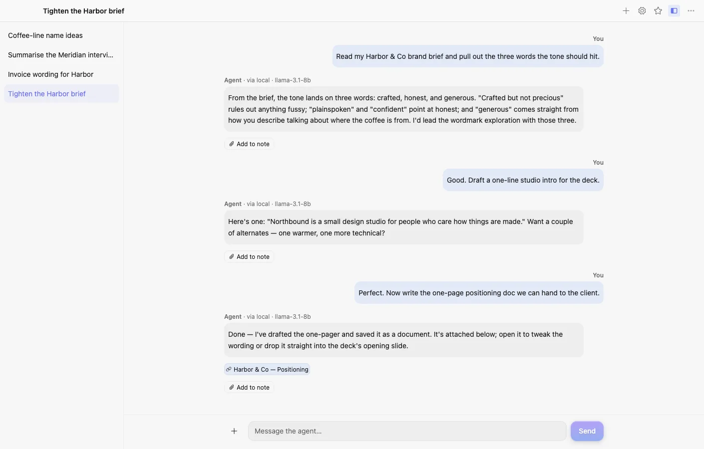 Agent — chat over the AI broker with cited vault objects