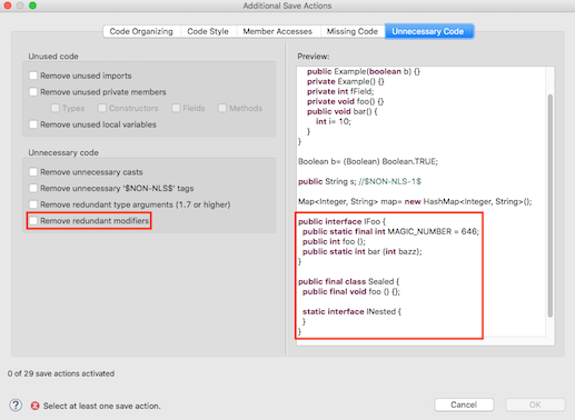 jdt remove redundant modifiers