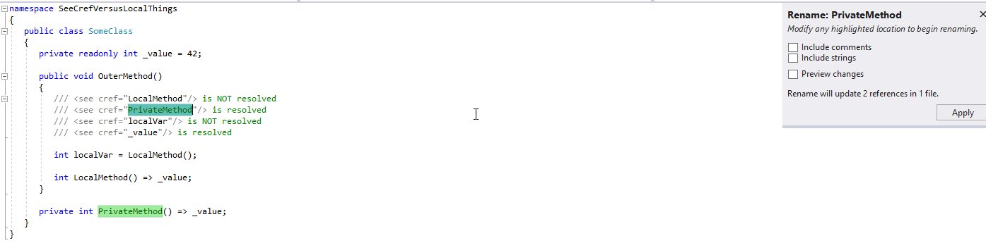 Screenshot of the rename targeting a comment reference to a private member that's located in the middle of the method