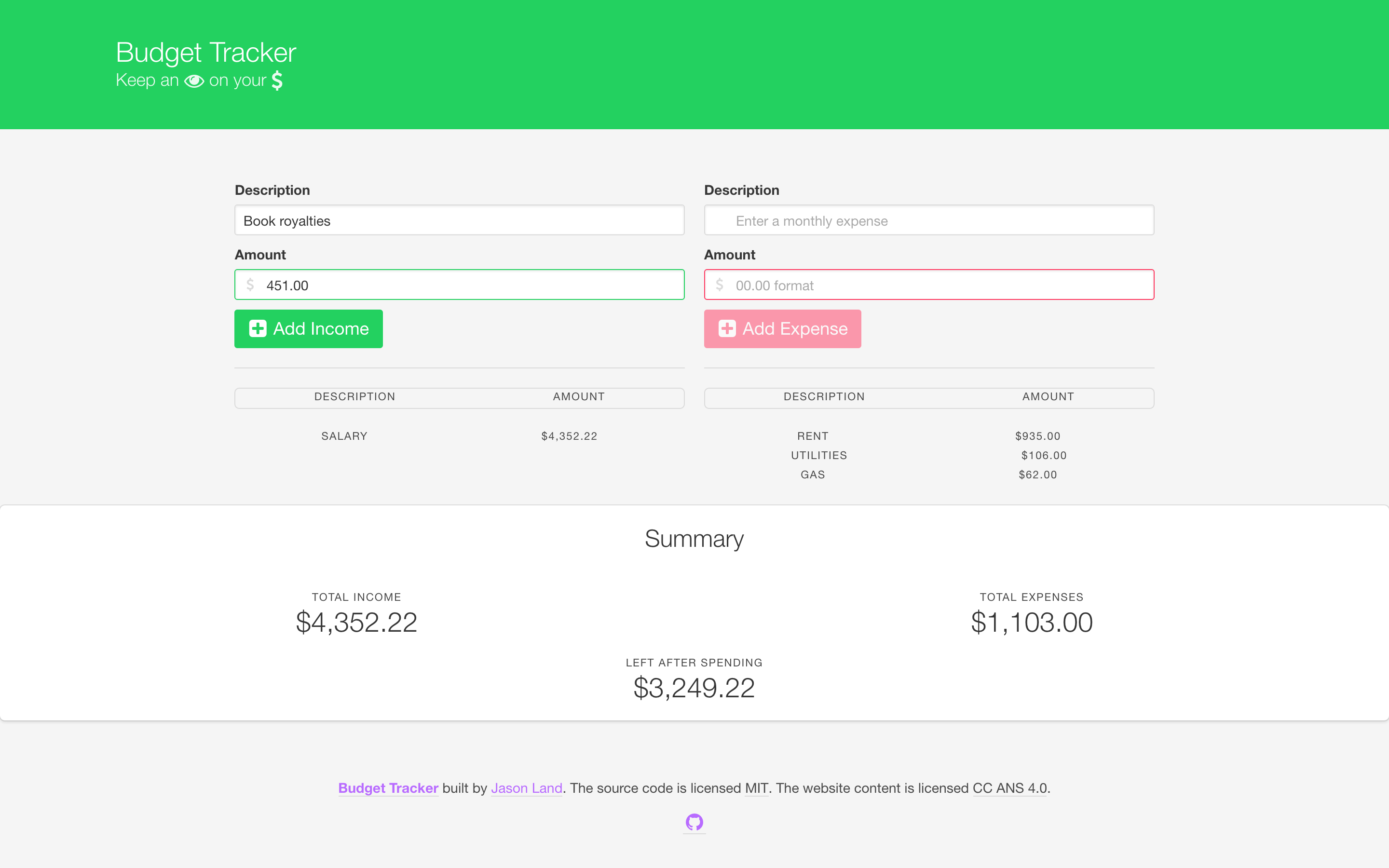 Web app interface of a monthly budget calculator