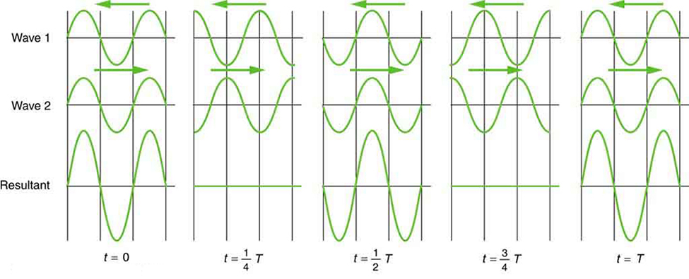 Standing wave created by the superposition of two identical waves moving in opposite directions. The oscillations are at fixed locations in space and result from alternately constructive and destructive interference.