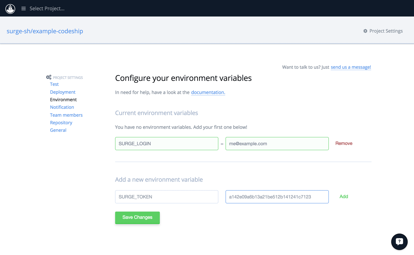 Adding SURGE_LOGIN and SURGE_TOKEN as environment variables.