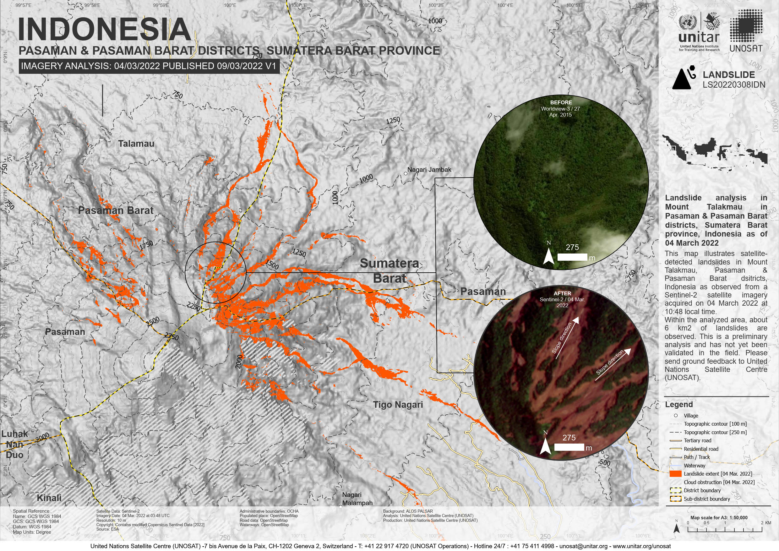 Satellite detected landslide extents as of 4 March 2022 over Gunung Talamau, Indonesia