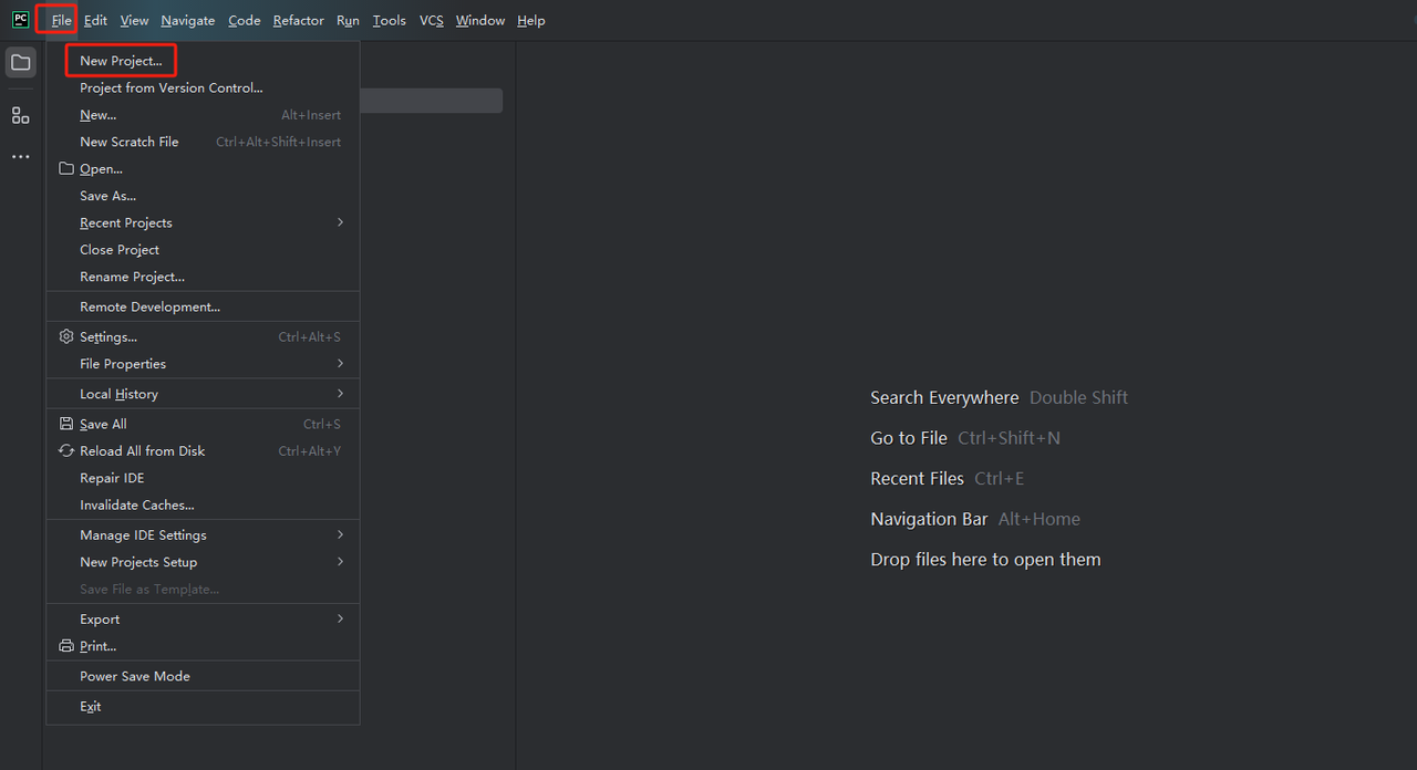 Start PyCharm and select File