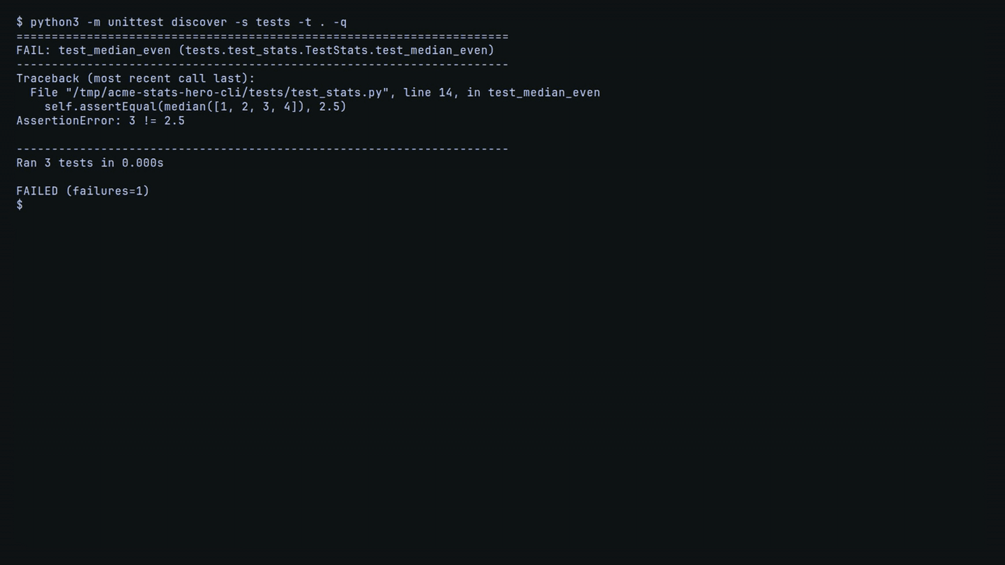 the CLI: a failing suite, one command, the run streams to a green verify and a diff