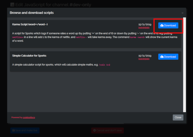 Downloading scripts from codebottle.io