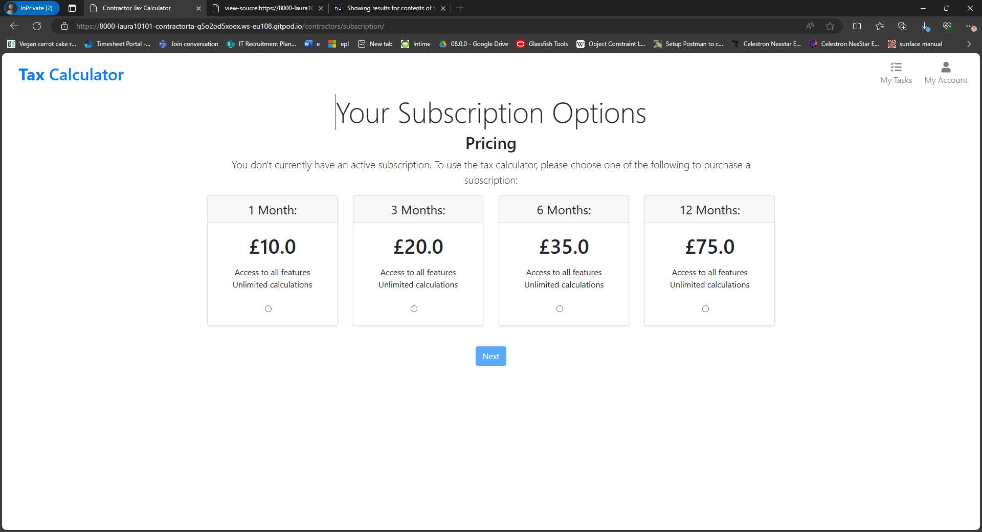 The subscription options form