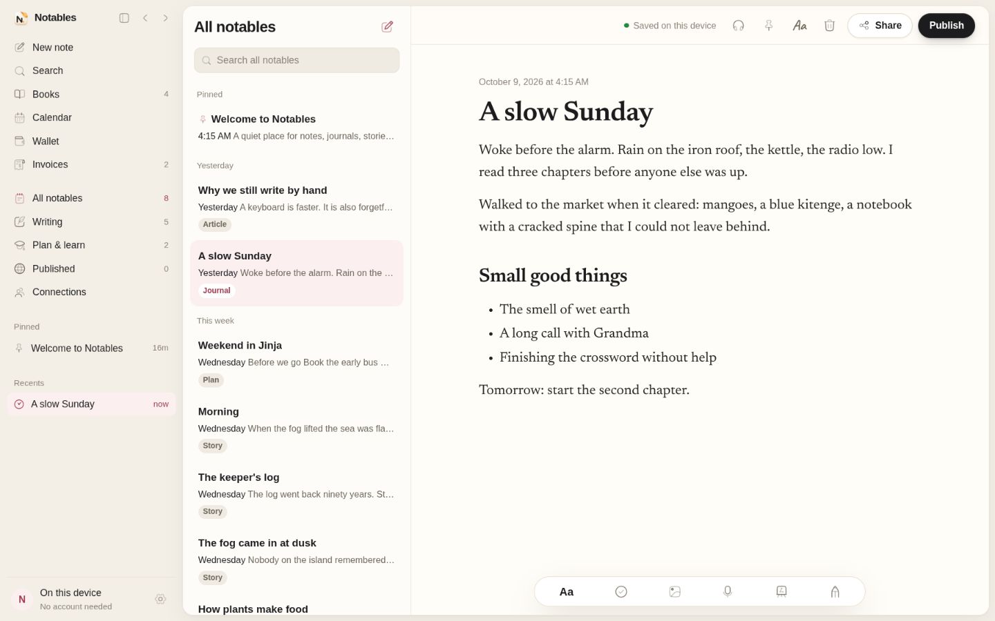 A journal entry, A slow Sunday, open beside the notes list and the sidebar